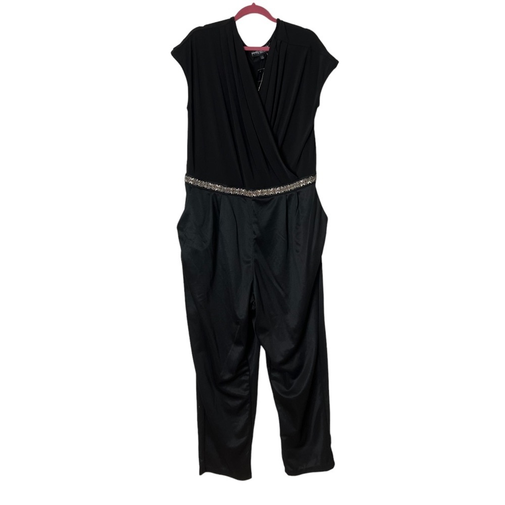 Lane Bryant Womans Size 26 Jumpsuit Black Romper V Neck Embellished Silky Pants